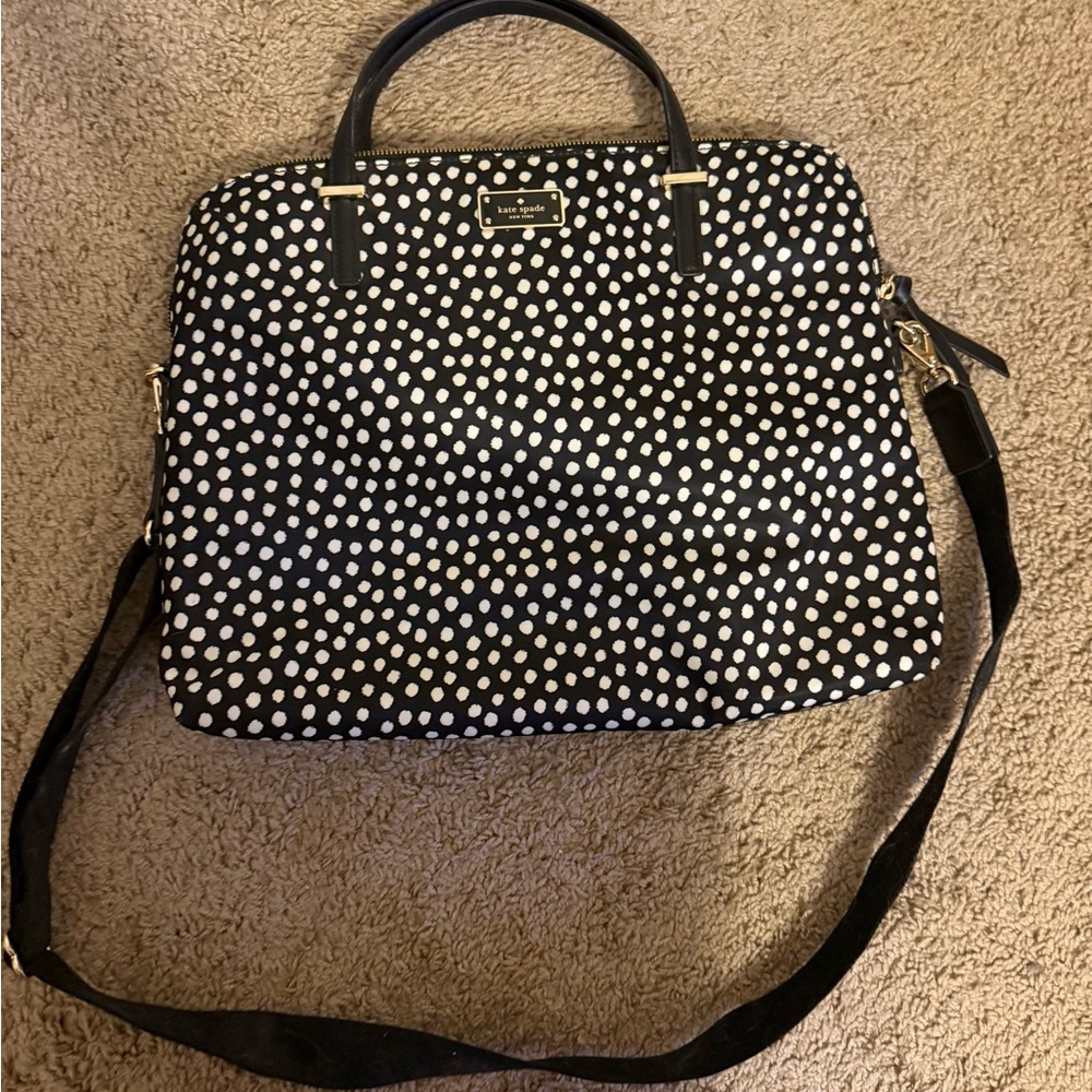 Kate Spade Black and White Polka Dot Laptop Bag with shoulder strap